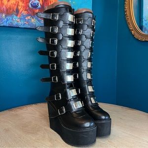 Faux Leather Knee High Chunky Platform Buckle Strap Goth Festival Boots Size 7